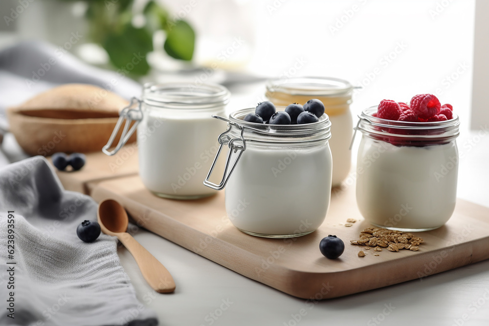 Small jars of yogurt decorated with fresh berries, closeup. Generative AI Small jars of yogurt decorated with fresh berries, closeup. Generative AI