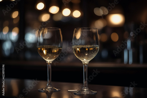 Alcohol glasses on a bar counter. Generative AI