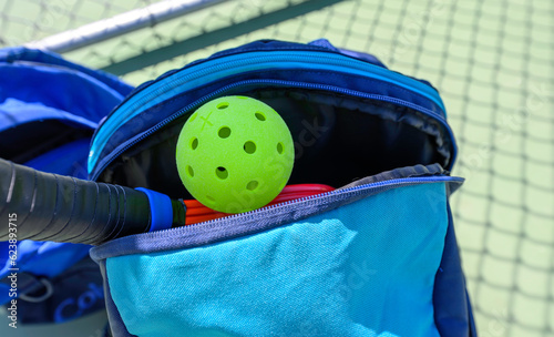 Pickleball in a sports bag with paddle. Court out of focus in background. © justasc