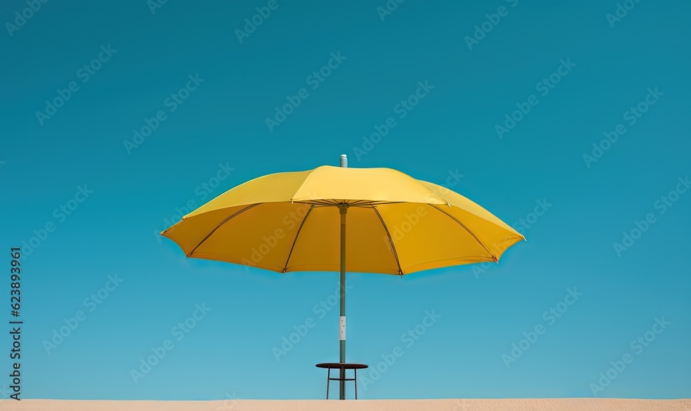  a yellow umbrella sitting on top of a sandy beach under a blue sky.  generative ai