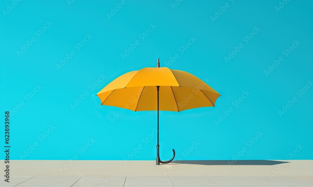  a yellow umbrella sitting on top of a white tile floor.  generative ai