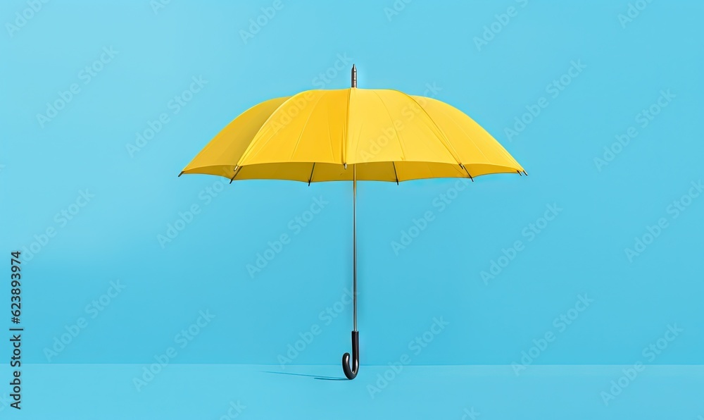  a yellow umbrella on a blue background with a black handle.  generative ai