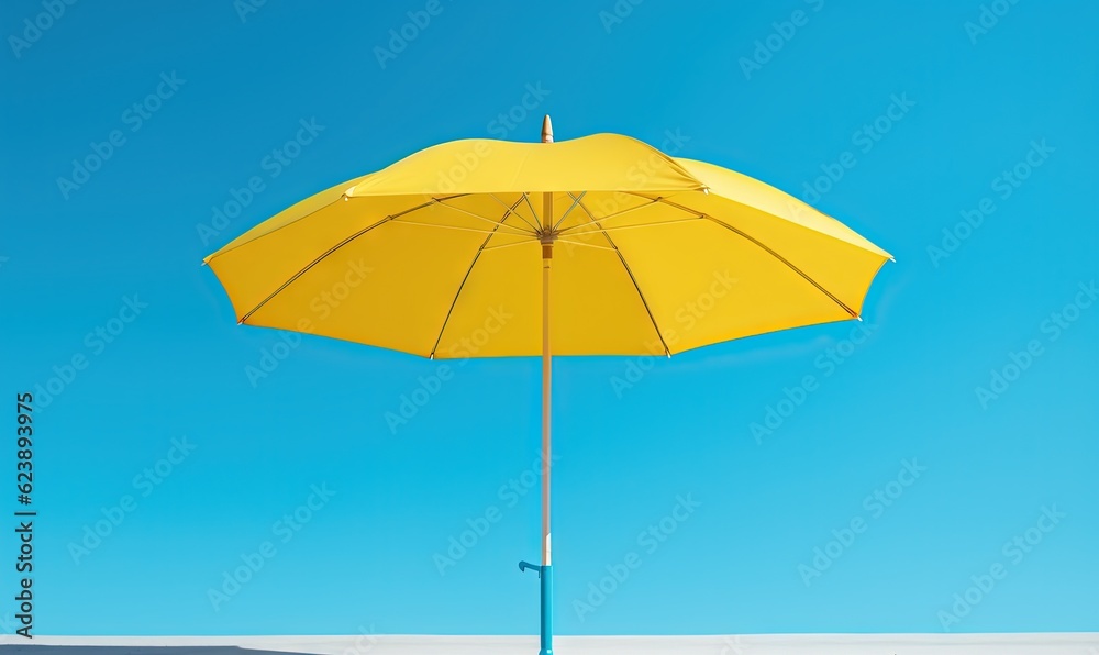  a yellow umbrella on a pole on a clear day with a blue sky in the background.  generative ai