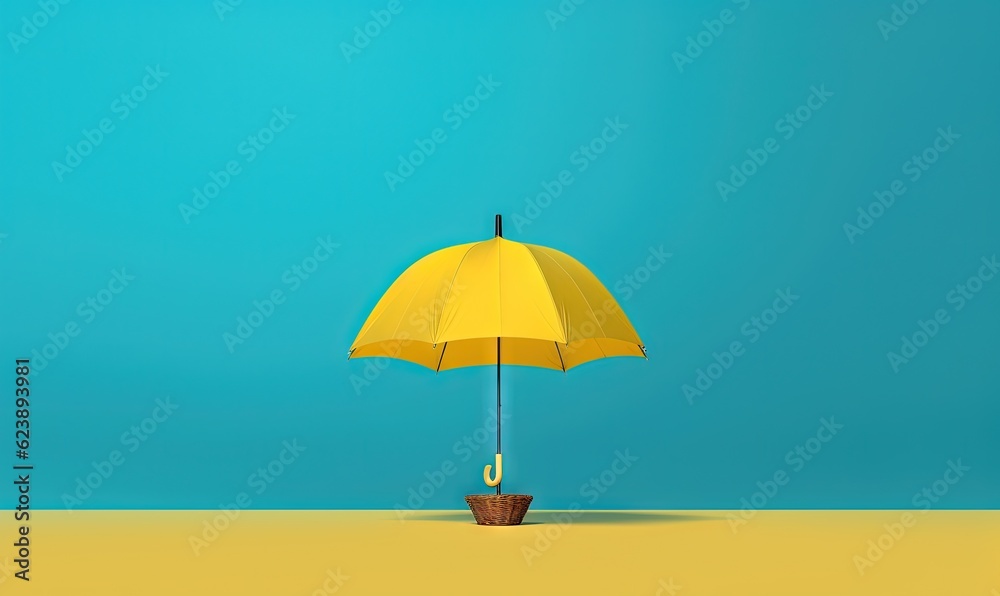  a yellow umbrella sitting on top of a wooden basket next to a blue wall.  generative ai