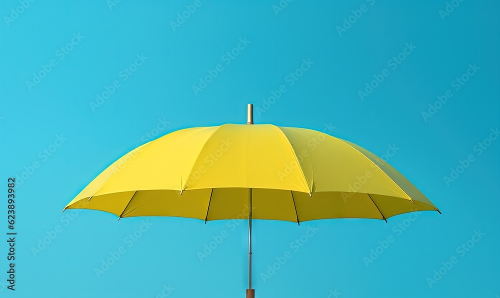  a yellow umbrella against a blue sky with a pole in the foreground.  generative ai