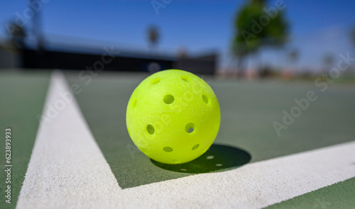 Closeup of a pickleball (whiffleball) on a sports court with white lines.