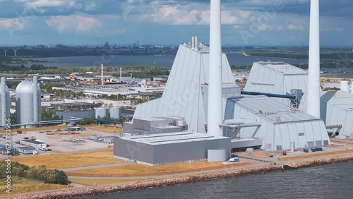 Aerial view of the Power station. One of the most beautiful and eco friendly power plants in the world. ESG green energy in Copenhagen, Denmark. photo