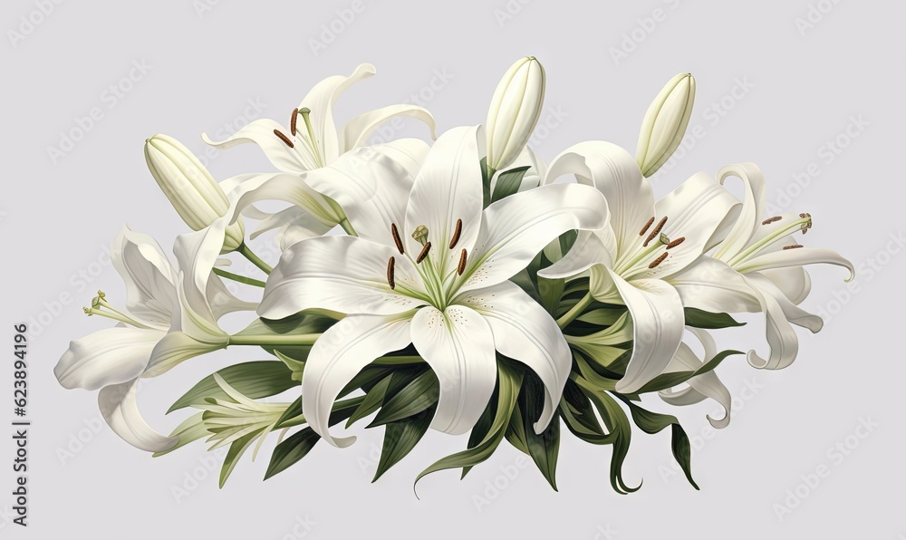  a bouquet of white lilies on a gray background with green leaves.  generative ai