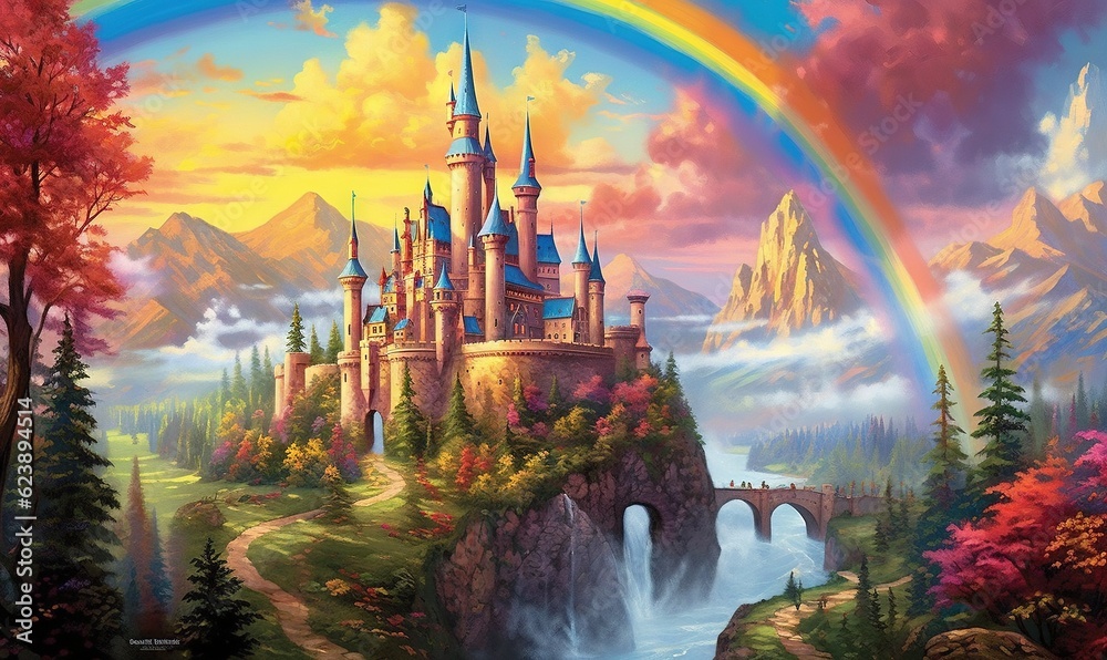 Obraz premium a painting of a castle with a rainbow in the background. generative ai