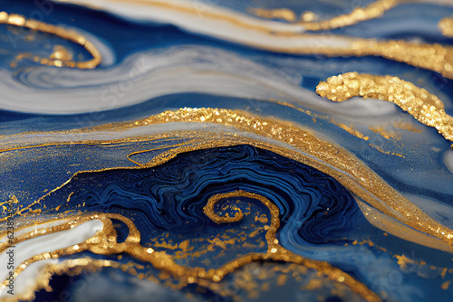 Blue and golden acrylic liquid ink swirl abstract background with ravishing turbulence wavy pattern and detailed texture. Luxury fluid liquid art by Generative AI.