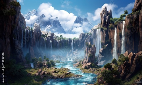  a painting of a waterfall and a river in a mountainous area. generative ai