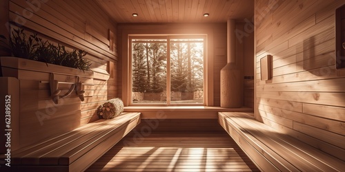 AI Generated. AI Generative. Home hotel luxury wooden sauna. indoor interior design relax spa decoration wellness care health. Graphic Art