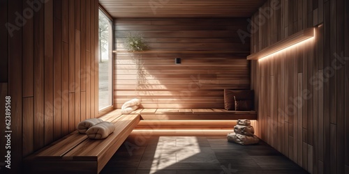 AI Generated. AI Generative. Home hotel luxury wooden sauna. indoor interior design relax spa decoration wellness care health. Graphic Art