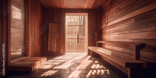 AI Generated. AI Generative. Home hotel luxury wooden sauna. indoor interior design relax spa decoration wellness care health. Graphic Art © AkimD
