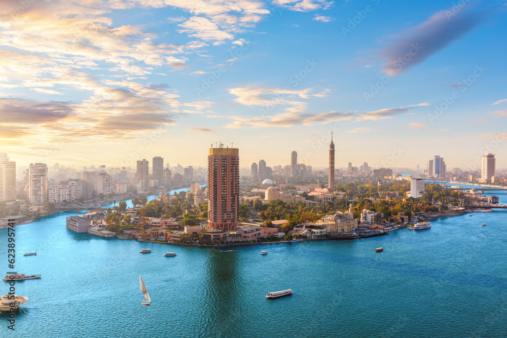 View on the Nile and Gezira Island of Cairo, panorama from above, Egypt