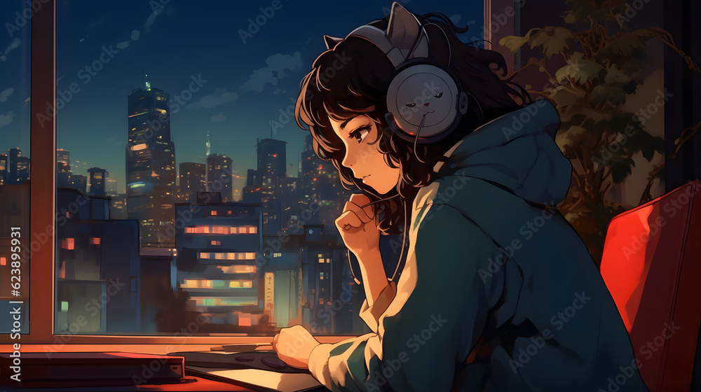 illustration of girl listening to music with her cat