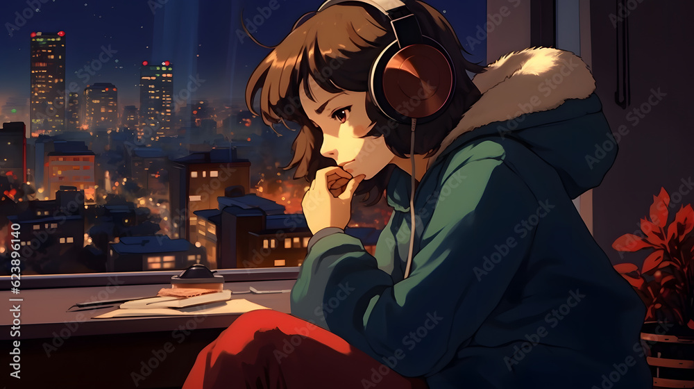 illustration of girl listening to music with her cat