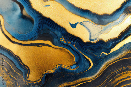 Blue and golden acrylic liquid ink swirl abstract background with ravishing turbulence wavy pattern and detailed texture. Luxury fluid liquid art by Generative AI.