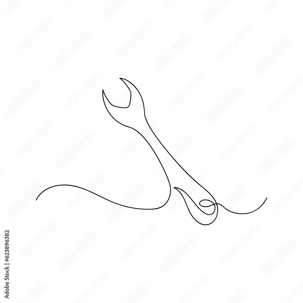 Wrench drawn by one line. Sketch tool. Vector illustration in minimalist style. Wrench drawn by one line. Sketch tool. Vector illustration in minimalist style.