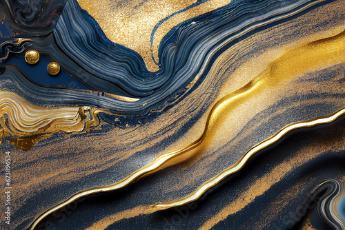 Blue and golden acrylic liquid ink swirl abstract background with ravishing turbulence wavy pattern and detailed texture. Luxury fluid liquid art by Generative AI.