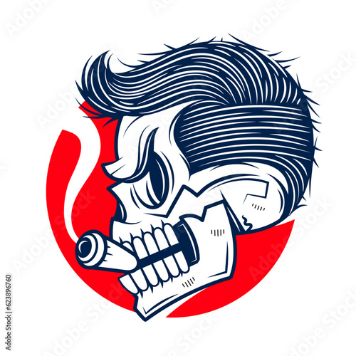 Cartoon skull with rose, traditional tattoo design in simple cute style. Isolated clip art illustration.