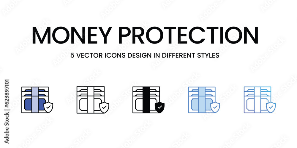 Money Protection Icon Design in Five style with Editable Stroke. Line, Solid, Flat Line, Duo Tone Color, and Color Gradient Line. Suitable for Web Page, Mobile App, UI, UX and GUI design.