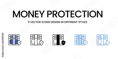 Money Protection Icon Design in Five style with Editable Stroke. Line, Solid, Flat Line, Duo Tone Color, and Color Gradient Line. Suitable for Web Page, Mobile App, UI, UX and GUI design.