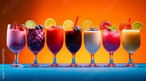 Cocktail from the bar. Different tastes of alcoholic drinks and in beautiful glasses. Decorated berry lemonades. Banner for poster, Copy space.
Generative AI