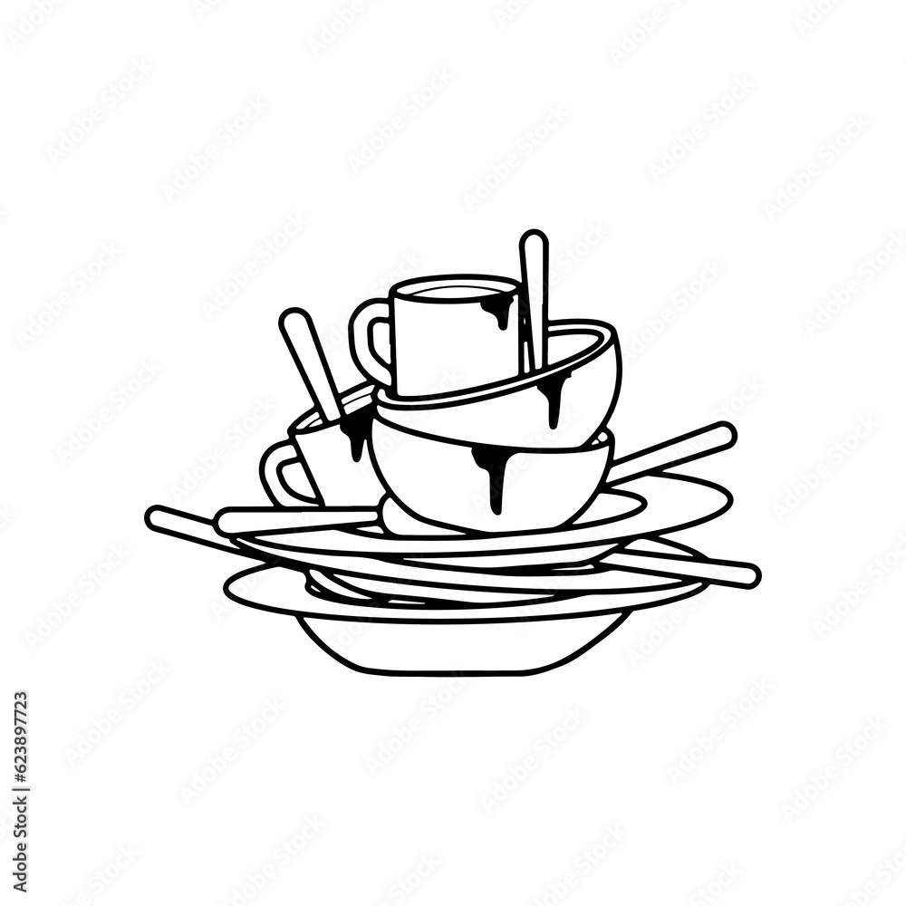 vector illustration of dirty glasses and plates collection