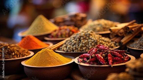 Spices in the spice market close view. Created with Generative Ai technology.