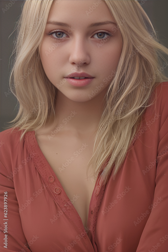 Fototapeta premium captivating beauty of a close-up portrait featuring a stunning blonde / brunette woman in an elegant blouse.