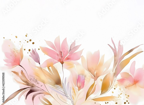 Abstract floral art background. Botanical watercolour hand painted pastel pink and gold flowers on white background. Ai generated © 18042011