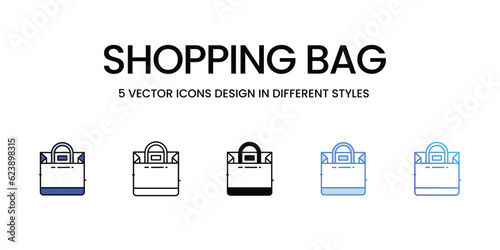 Shopping Bag Icon Design in Five style with Editable Stroke. Line, Solid, Flat Line, Duo Tone Color, and Color Gradient Line. Suitable for Web Page, Mobile App, UI, UX and GUI design.