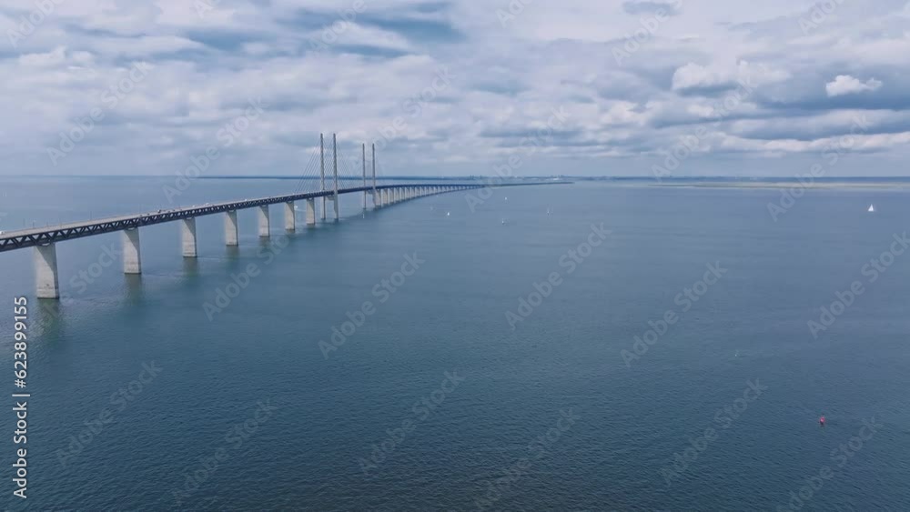 Panoramic aerial close up view of Oresund bridge over the Baltic sea between Malmo city in Sweden and Copenhagen in Denmark. Panoramic aerial close up view of Oresund bridge over the Baltic sea between Malmo city in Sweden and Copenhagen in Denmark.