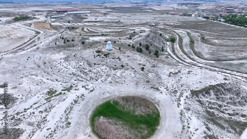 Monegrillo Astronomical Observatory. Desert landscape of boulevards, erosions and crops in Monegrillo. Aerial view from a drone. Los Monegros region. Saragossa. Aragon. Spain. Europe photo