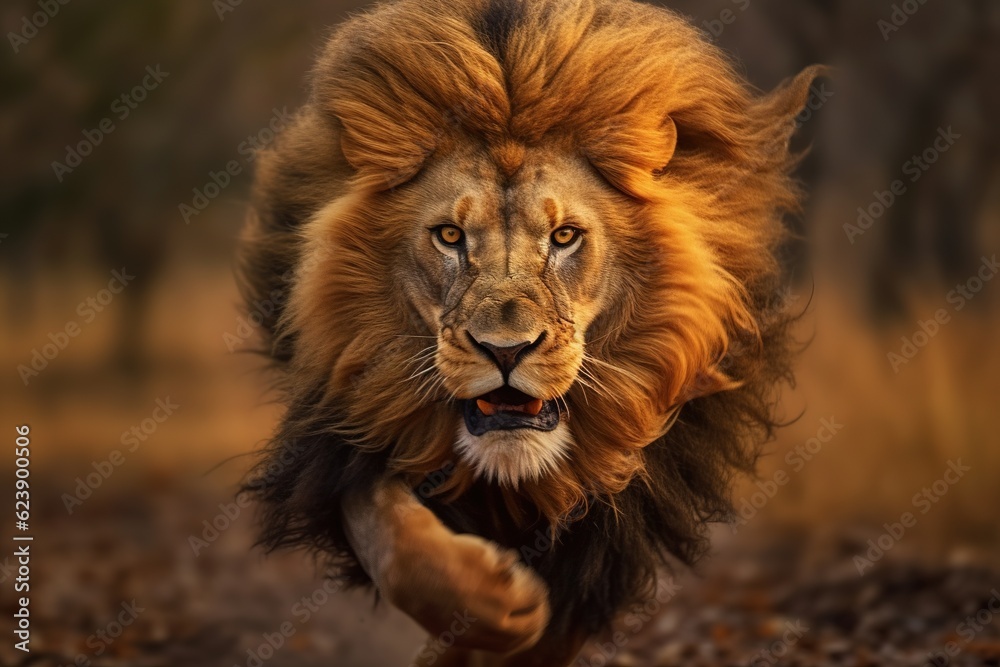A lion charging towards the camera