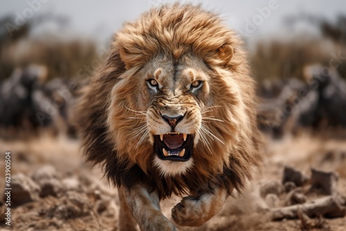 A lion charging towards the camera