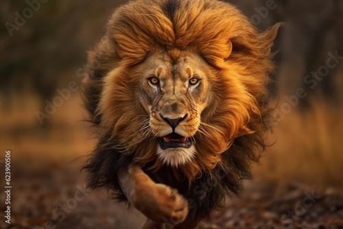 A lion charging towards the camera
