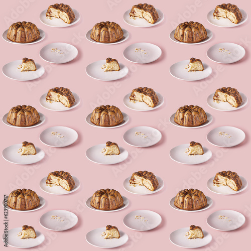 cupcake with chocolate and crumbs on a white plate, on a pink background, seamless pattern