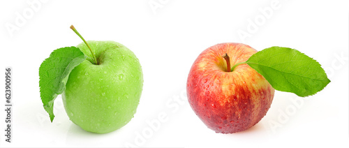 Red and green apples with a green leaf. Isolated on white background