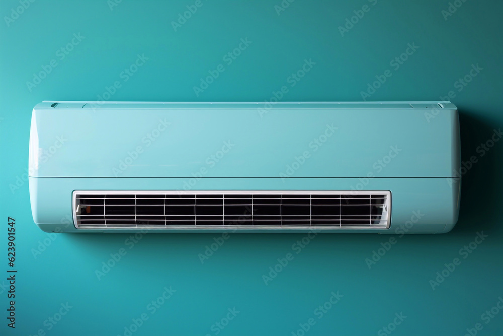A photo of Close up shot of newly installed white air conditioner. Working AC hanging on the pastel color wall with a lot of copy space for text mockup. Background. generative ai A photo of Close up shot of newly installed white air conditioner. Working AC hanging on the pastel color wall with a lot of copy space for text mockup. Background. generative ai