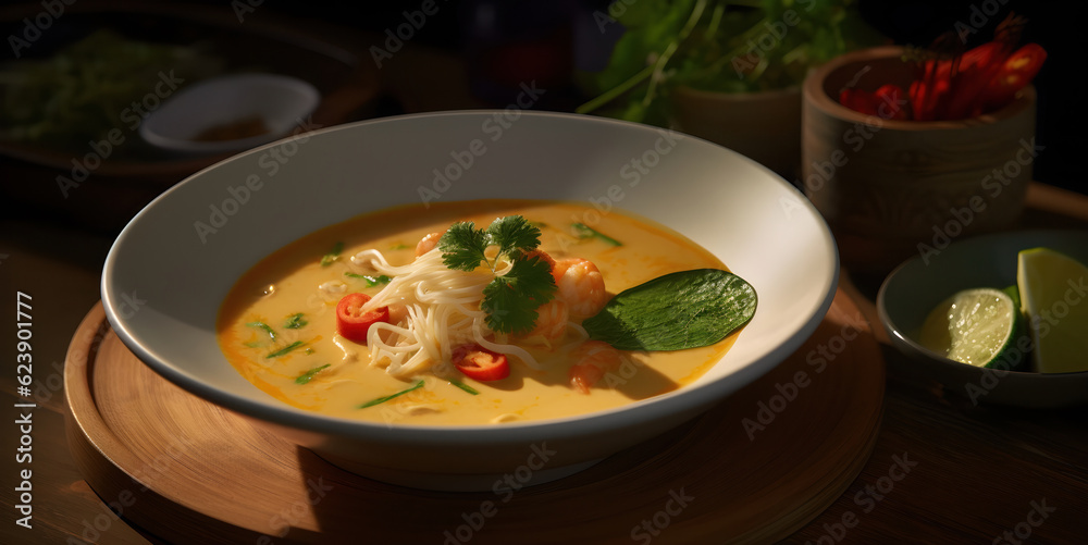Traditional Asian Laksa soup on dark background, AI generated