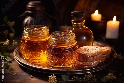 photo of Fresh honeycombs Honey in bottle, in a jar, dripping from honey dipper. Generative ai