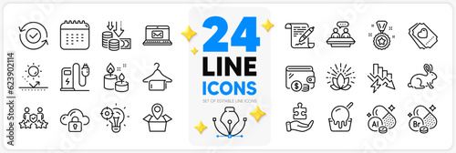 Icons set of Charging station, Calendar and Saving electricity line icons pack for app with Aluminium mineral, E-mail, Aroma candle thin outline icon. Security confirmed, Bromine mineral. Vector