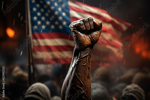 Foto black fist raised in the front of the American flag