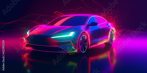 Electric car futuristic neon banner on dark background. AI generated