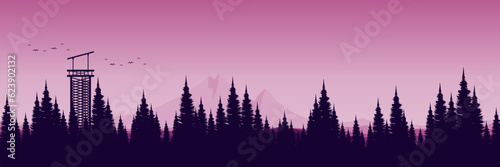 nature sunset sky forest silhouette with mountain sunset landscape view vector illustration good for wallpaper, backdrop, background, web banner, and design template
