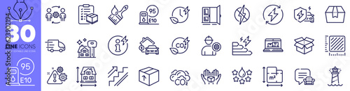 Antistatic, Lighthouse and Package line icons pack. Hold box, Brush, Engineering team web icon. Open box, Car charging, Renewable power pictogram. Engineer, Floor plan, Power info. Vector