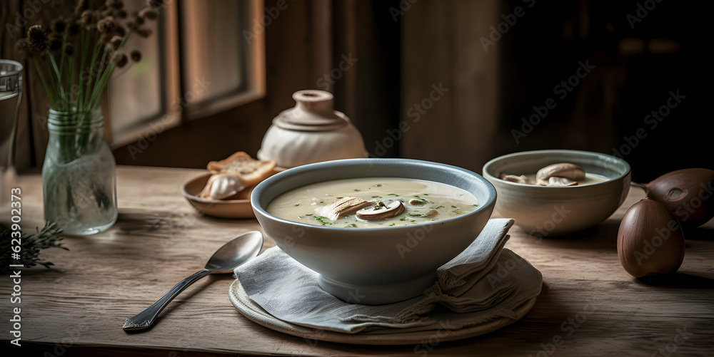 Fototapeta premium Mushroom cream soup on wooden table. AI generated
