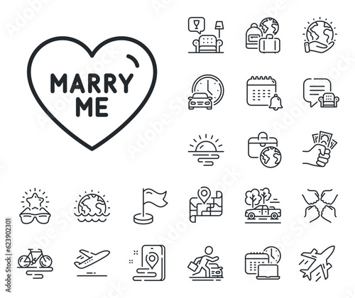 Sweet heart sign. Plane jet, travel map and baggage claim outline icons. Marry me line icon. Wedding love symbol. Marry me line sign. Car rental, taxi transport icon. Place location. Vector